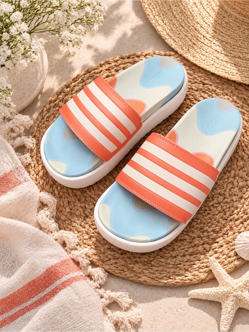 adidas Coral and White Striped Slide Sandals